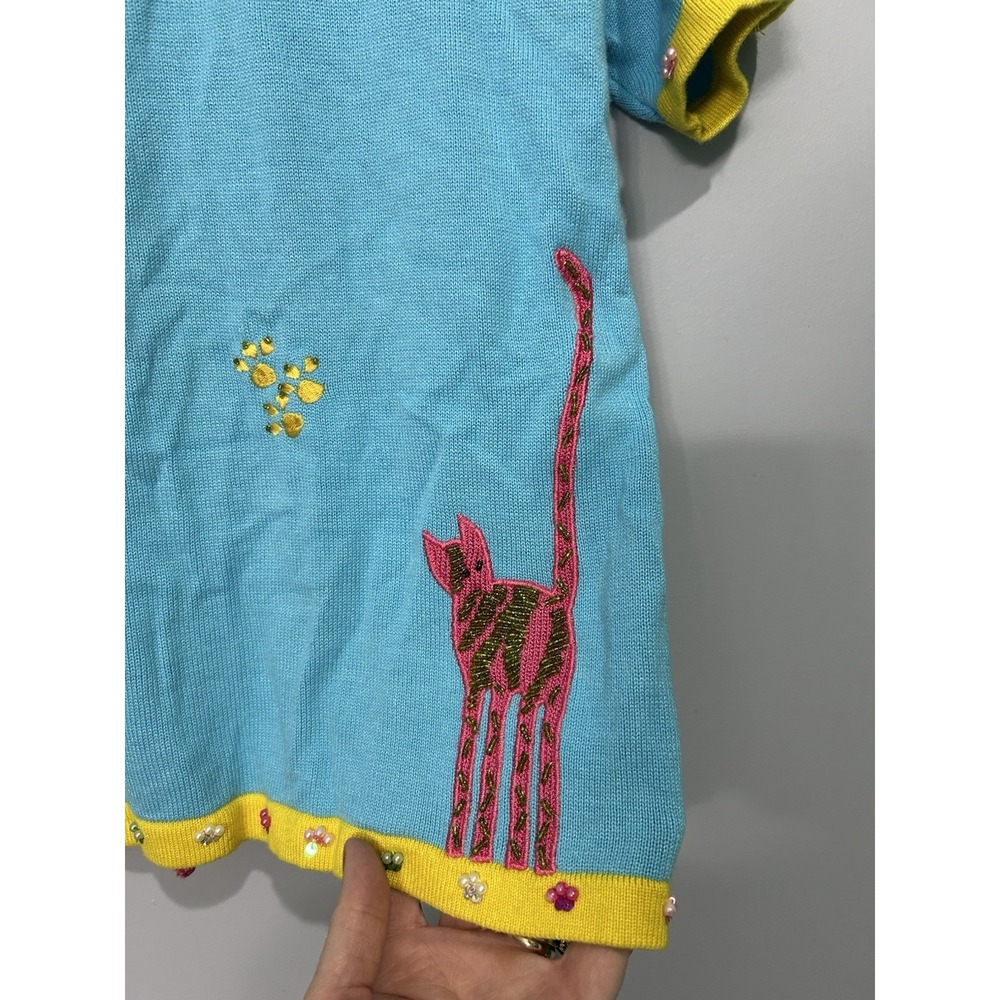 Vtg Berek Short Sleeve Knit Cat Novelty Cardigan Sweater Sz S Dangle Mice Beaded - Picture 8 of 12